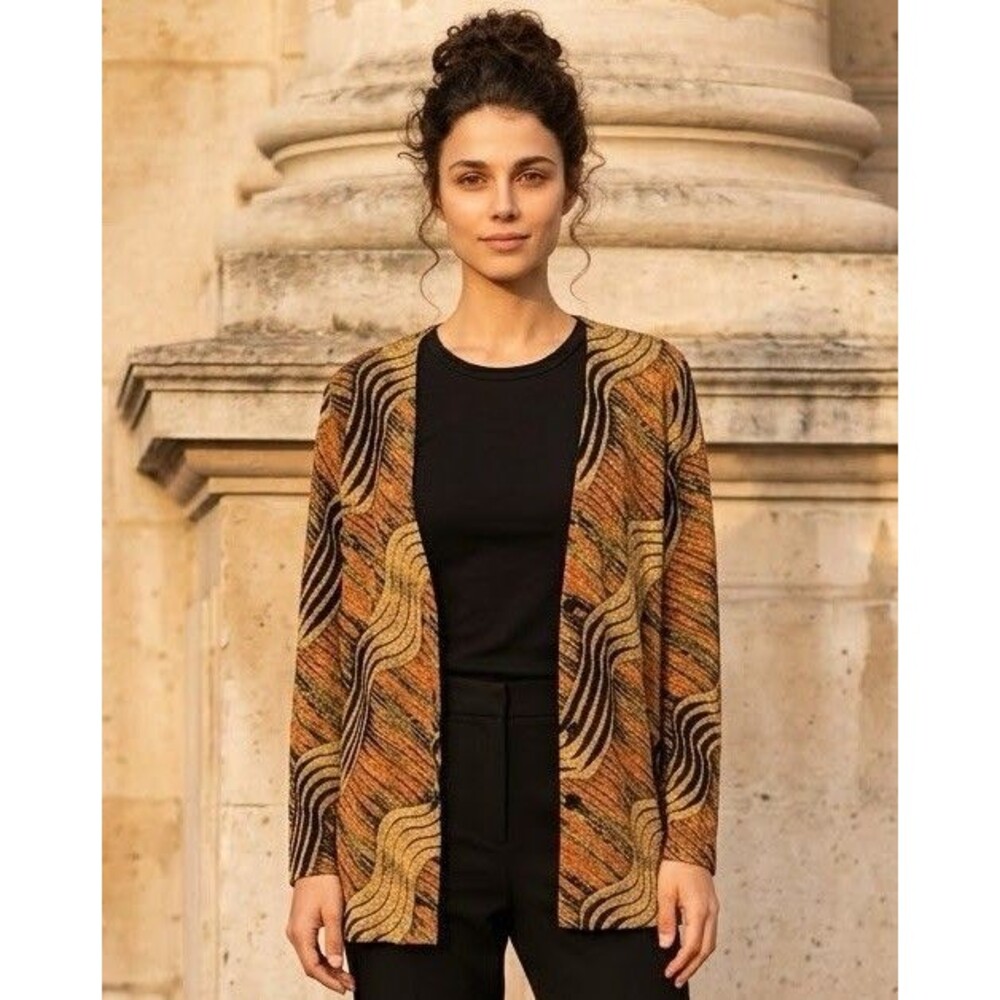 Carolyn Strauss Collection Womens Brown Abstract Beaded Knit Cardigan Sweater L
